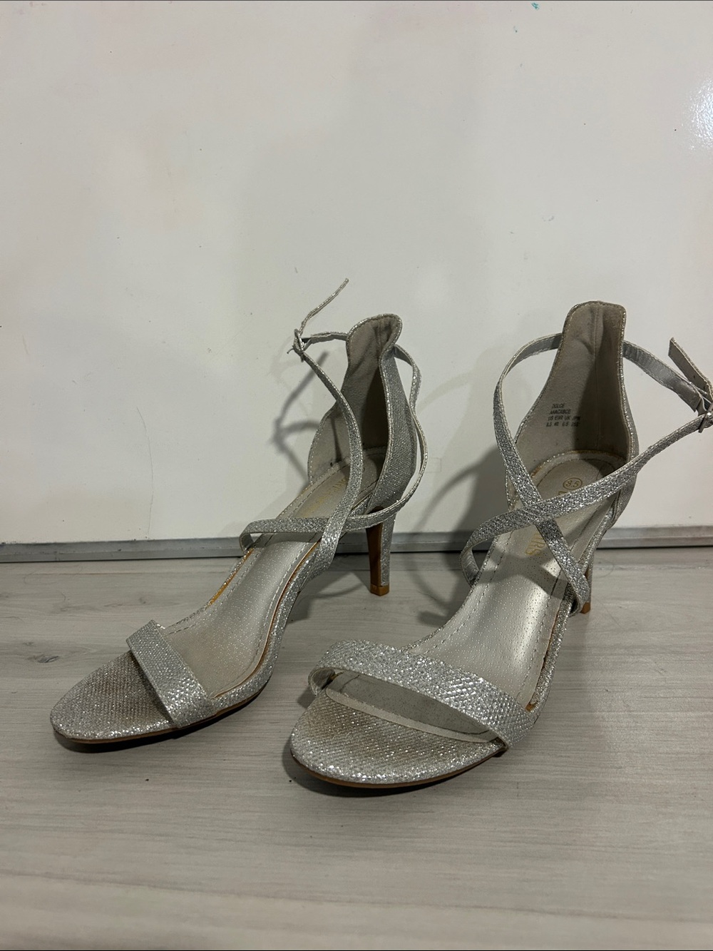 Silver Glitter Strappy High Heel Sandals with Ankle Wrap